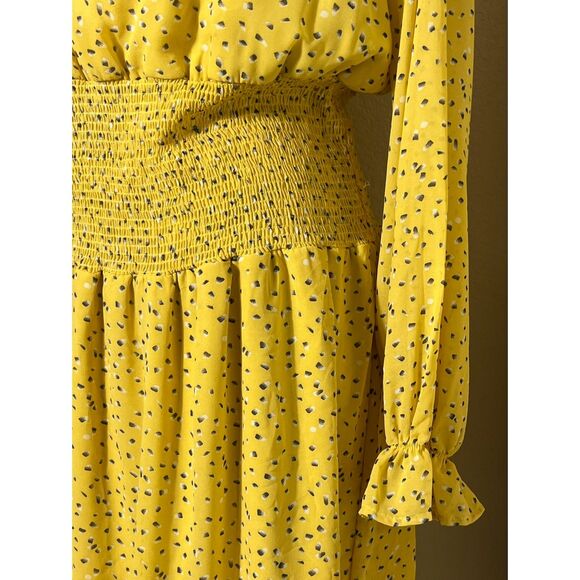 She & Sky Smocked Neck Yellow Print Dress Ruffled Long Sleeve Med Cottage BOHO - Picture 5 of 11